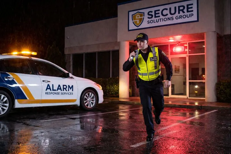 Security personnel responding to an alarm, inspecting a building exterior